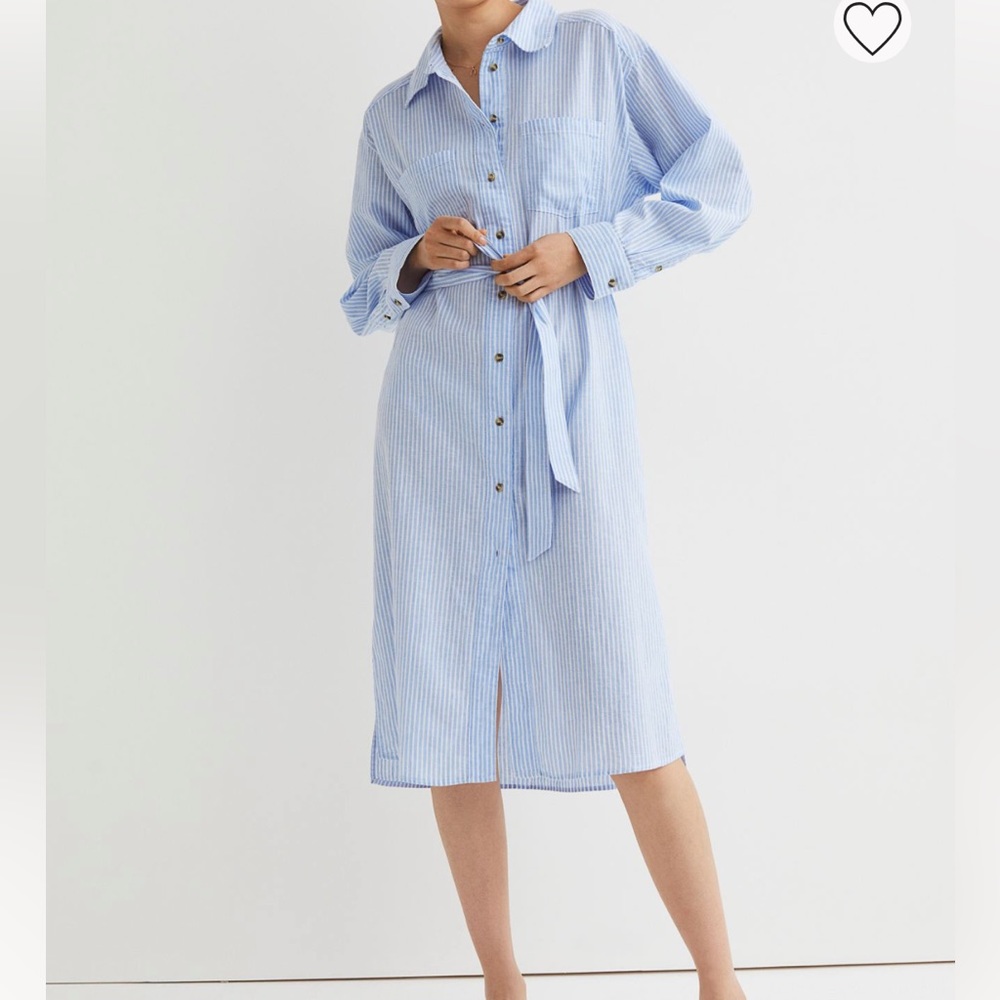 Tie Belt Shirt Dress Light Blue/White Striped- H&M